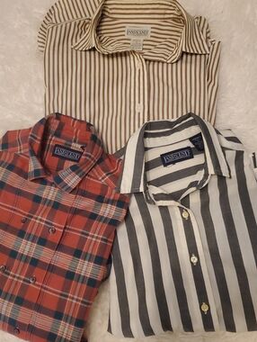 Lands' End Womens Mixed Striped and Plaid Button-Down Shirts - Brown, Black, Red